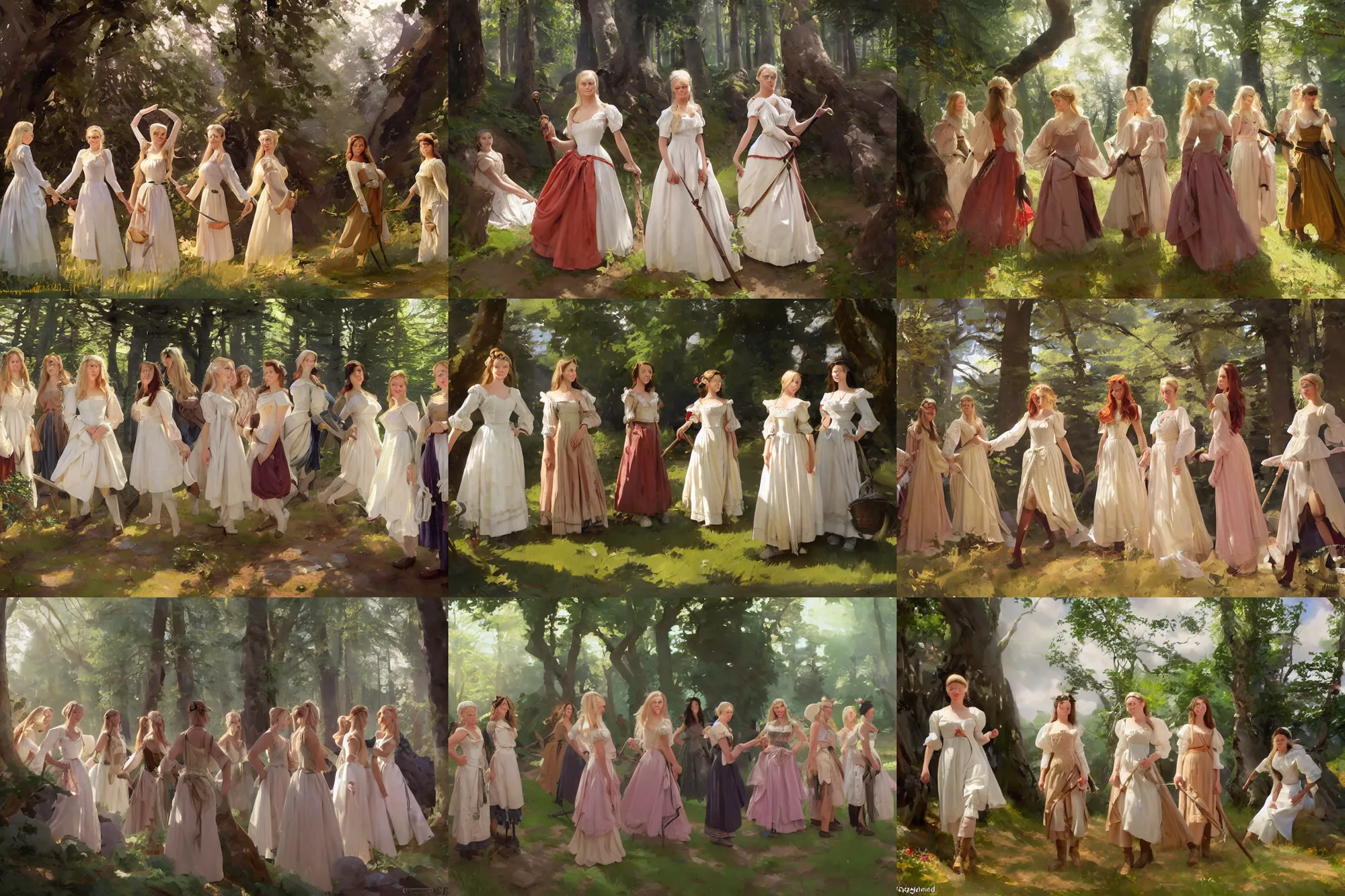 Prompt: group of finnish norwegian swedish scandinavian attractive glamour models wearing as village maidens in 1 7 th century bodice with low neckline walking in enchanted forest in a sunny day, jodhpurs greg manchess painting by sargent and leyendecker, studio ghibli fantasy medium shot asymmetrical intricate elegant matte painting illustration hearthstone, by greg rutkowski by greg tocchini by james gilleard