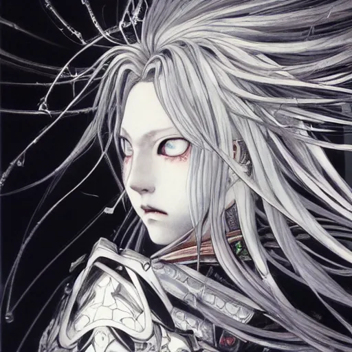 Image similar to yoshitaka amano realistic illustration of an anime girl with black eyes, wavy white hair fluttering in the wind and cracks on her face wearing elden ring armor with engraving, abstract black and white patterns on the background, noisy film grain effect, highly detailed, renaissance oil painting, weird portrait angle, three quarter view, head turned to the side