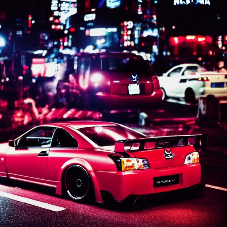 Image similar to close-up-photo Nissan 2000GTS turbo illegal roadside night meet, work-wheels, Shibuya Shibuya, cinematic colors, photorealistic, highly detailed, night photography