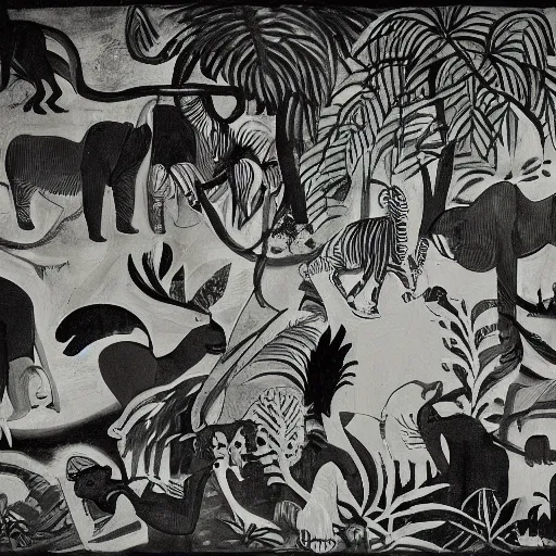 Prompt: black and white painting of the jungle with jungle animals, el guernica style,