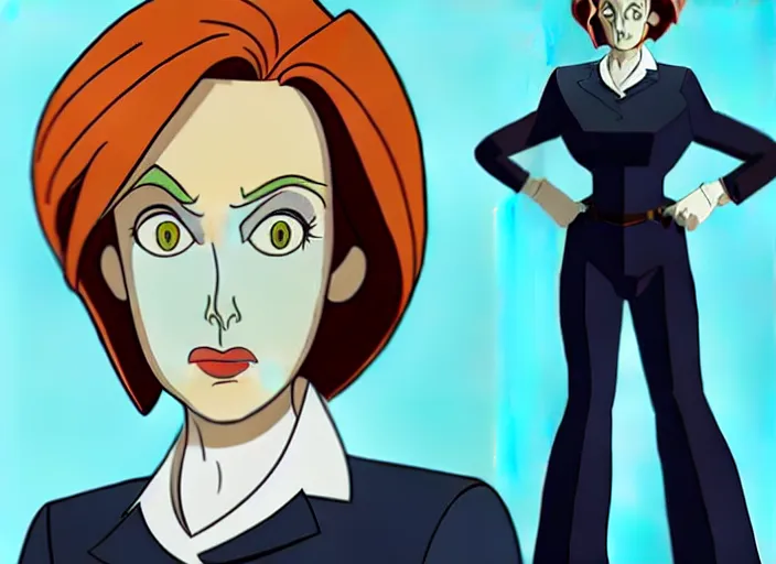 Image similar to a shaded animation cel of dana scully, sharp detail, realistic anatomy, in the style of western cartoons, by don bluth, filmation, toei animation, studio trigger, studio ghibli, 5 k, artstation trending