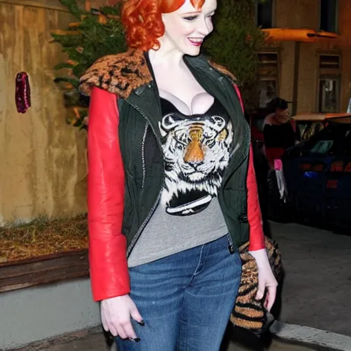 Image similar to christina hendricks with tiger jacket,