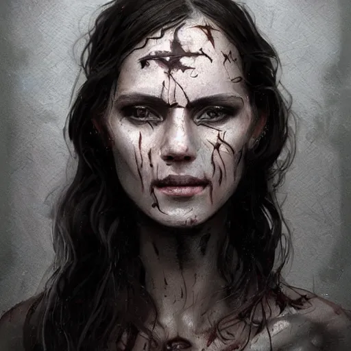 Prompt: portrait of an woman by Greg Rutkowski, she is about 20 years old, pretty, long brown wavy hair, blackout tattoos on her face, scar near her mouth that makes her look like she's smiling all the time, wearing black sith robes, Star Wars Expanded Universe, highly detailed portrait, digital painting, artstation, concept art, smooth, sharp foccus ilustration, Artstation HQ