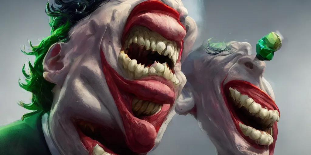 Image similar to Every Joker ever laughing at you, Darek Zabrocki, Karlkka, Jayison Devadas, Phuoc Quan, trending on Artstation, 8K, ultra wide angle, pincushion lens effect