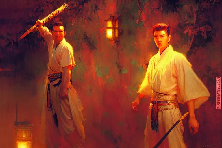 Image similar to wuxia, summer, attractive male, neon light, painting by gaston bussiere, craig mullins, j. c. leyendecker