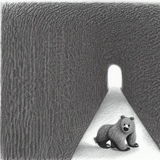 Image similar to charcoal drawing of a small bear in front of a hedge maze, the bear is white, illustrated by chris van allsburg, illustration, masterful, volumetric light, subdued, greyscale