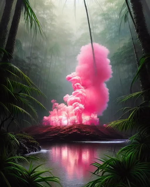 Image similar to a hyper - detailed 3 d render like an oil painting of tribe member portrait in a tropical forest with pink smoke!!!!! surreal concept art, lifelike, photorealistic, digital painting, aesthetic, smooth, sharp focus, artstation hd, by greg rutkowski, bruce pennington, valentina remenar, rhads, asher duran,