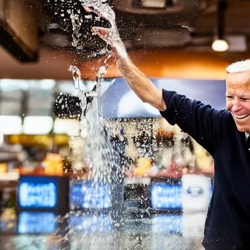 Prompt: joe biden splashing into a pitcher of water, food photography gourmet, trendy food, macro photography, high contrast, slow - mo high speed photography