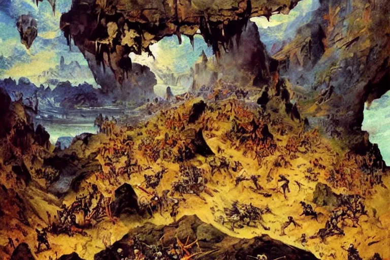 Image similar to a beautiful painting of a rocky landscape covered with bodies of medieval soldiers in shiny armors, dawn, by Frank Frazetta, by Georgia o keeffe, by Gustave Moreau