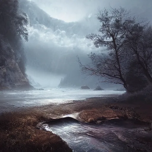 Image similar to michal karcz grunge painting of a beautiful landscape. , detailed, elegant, intricate, 4k,