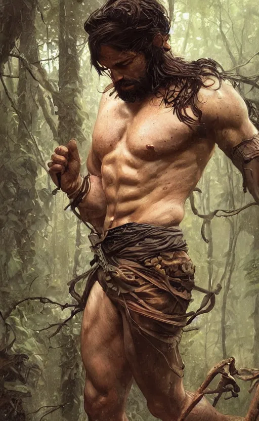 Image similar to god of the forest, 30 years old, rugged, male, gorgeous gorgeous gorgeous, detailed face face face face, amazing, thighs thighs thighs thighs, muscular, intricate, highly detailed, digital painting, artstation, concept art, sharp focus, illustration, art by greg rutkowski and alphonse mucha