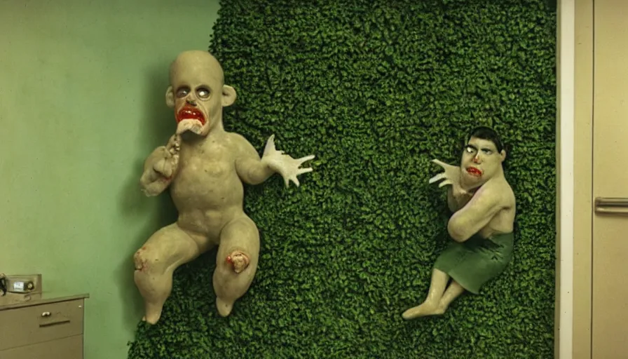Image similar to 60s movie still of a disformed homunculus with bloody beak in a green wall hospital, eastmancolor, heavy grain, high quality, higly detailed, liminal space