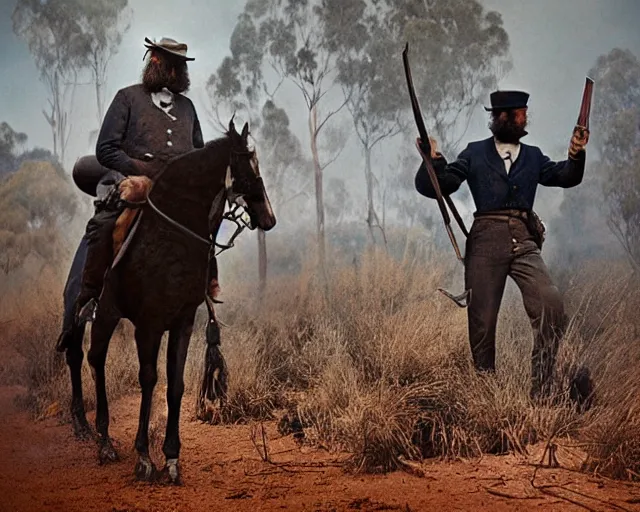 Image similar to australian bushranger edward kelly ned kelly, award winning epic action photography in rich colors