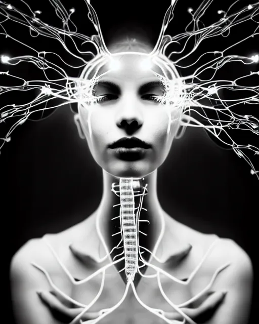 Image similar to black and white dreamy spiritual connected young female cyborg - plant goddess high quality photo, microchip, artificial intelligence, bio - mechanical bio - luminescence, black wired cables, neurons, nerve cells, cinematic, rim light, photo - realistic, elegant, high detail, 8 k, masterpiece, high fashion
