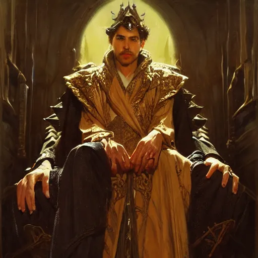 Image similar to perfectly centered portrait of attractive vampire king in a robe sitting on a throne of bones, highly detailed painting by gaston bussiere, craig mullins, j. c. leyendecker, 8 k