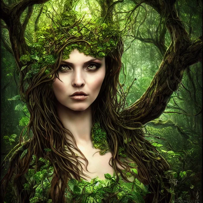 Prompt: female dryad, dark forest, surreal, nature, light shining through, hyper - realistic, highly detailed, sharp focus, smooth, intricate, marilena mexi style