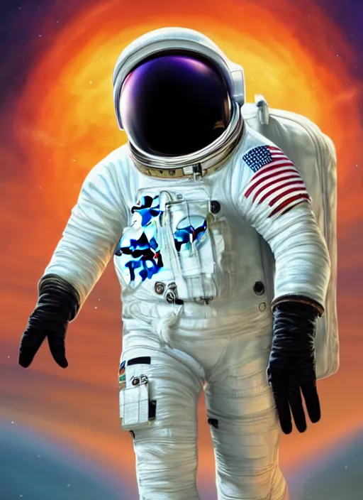 Image similar to Gorgeous NASA astronaut in space, cel-shaded, detailed, focused. Cinematic, hyper realism, realistic proportions, dramatic lighting, high detail 4k