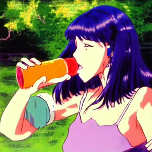 Image similar to beautiful woman drinking straight from liquor bottle, sprite, vaporwave nostalgia, directed by beat takeshi, visual novel cg, 8 0 s anime vibe, kimagure orange road, maison ikkoku, sketch by da vinci