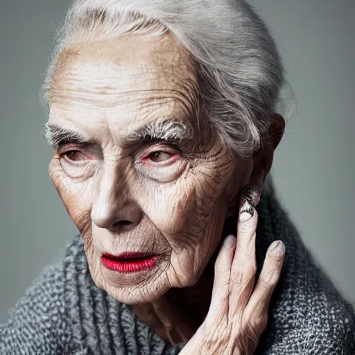 Image similar to a muted colors natural make-up portrait Photograph of an elderly model, editorial story, Vogue Italy, editorial photography