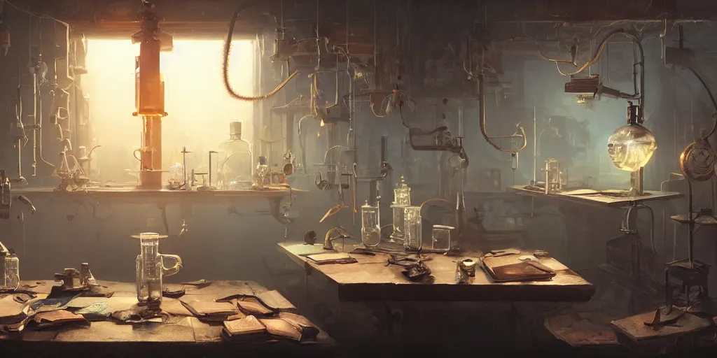 Image similar to rat sitting on a desk in a laboratory with lots of flasks filled with magic liquids and poisonous fog, stephen bliss, unreal engine, fantasy art by greg rutkowski, loish, rhads, ferdinand knab, ilya kuvshinov, rossdraws, tom bagshaw, global illumination, radiant soft light, detailed and intricate environment