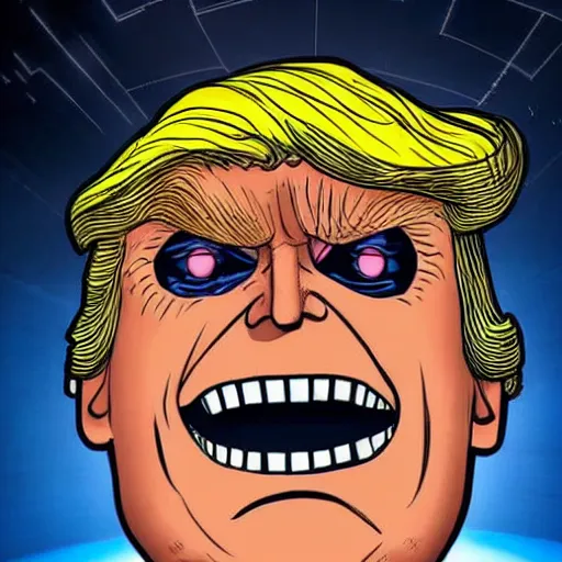 Image similar to donald trump's head as modok, the mental organism designed only for killing, little man in hovering throne, full body, psychic alien with huge head, marvel supervillain character