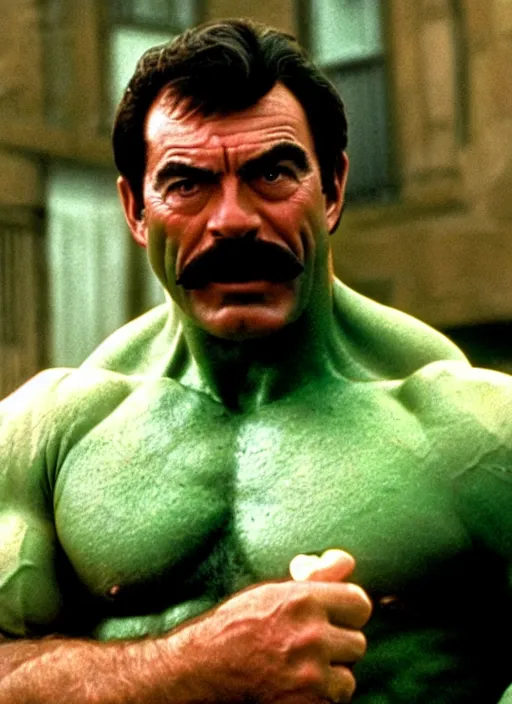 Image similar to film still of tom selleck as the hulk in the incredible hulk, 4 k