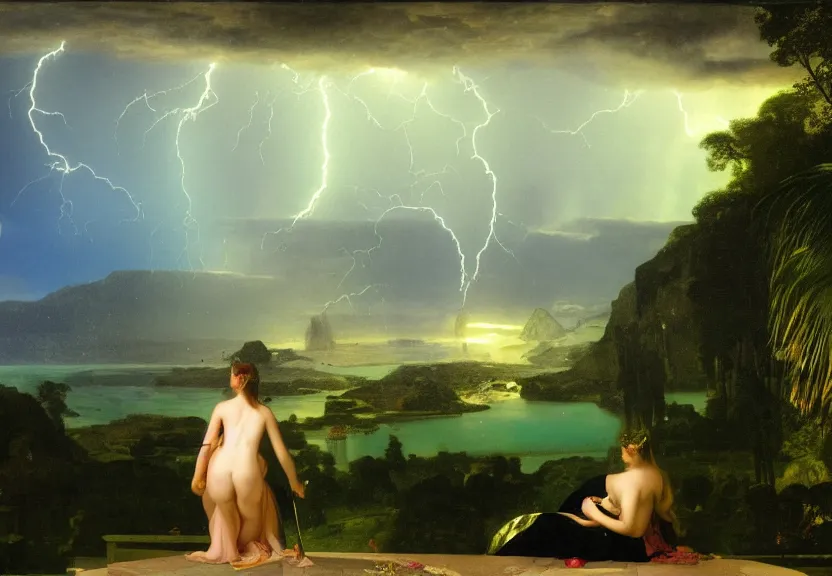 Image similar to Girl at the palace, refracted sparkles, thunderstorm, greek pool, beach and Tropical vegetation on the background major arcana sky, by paul delaroche, hyperrealistic 4k uhd, award-winning, very very very detailed