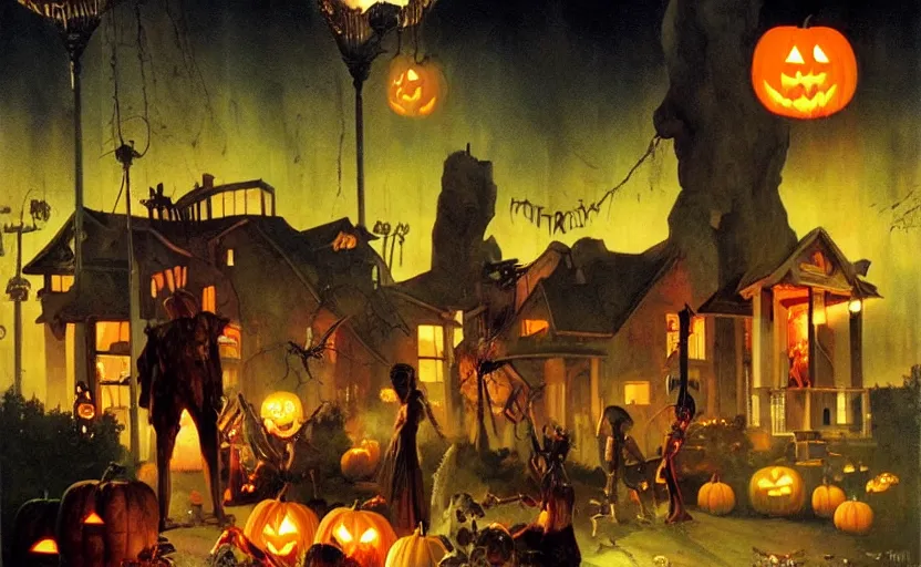Image similar to halloween scene in a suburban neighborhood, surrounded by ancient monoliths with glowing runes. highly detailed science fiction painting by norman rockwell, frank frazetta, and syd mead. rich colors, high contrast, gloomy atmosphere, dark background. trending on artstation