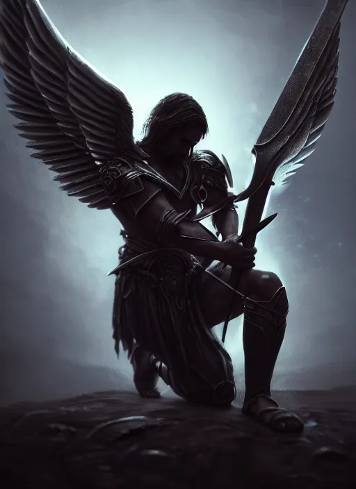 Image similar to fantasy art, fallen man angel kneeling on the knees with a sword and shield, close-up, bokeh. dark art masterpiece artstation. 8k, sharp high quality illustration in style of Jose Daniel Cabrera Pena and Leonid Kozienko, Tooth Wu, studio lighting. angel with big wings