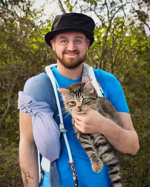 Image similar to gentlemen wearing a hat with floral print and wearing a baby sling on the back with a kitten in the sling, color studio portrait, golden ratio, backlit, happy, detailed eyes