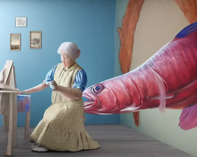 Prompt: an innocent and beautiful scene in hyper realistic style, about an old and lonely woman painting a huge colorful fish on the wall, and modeling a victorian dress. 4 k. wide angle. wild. red mouth, blue eyes. deep focus, lovely scene. ambient occlusion render. unreal engine.