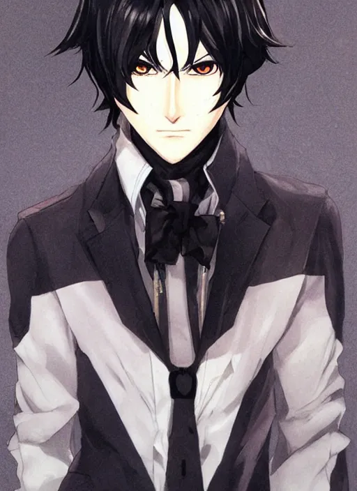 Image similar to portrait illustration by shigenori soejima, handsome male vampire, focus on face, pretty, long black hair, dark blue shirt, light brown coat