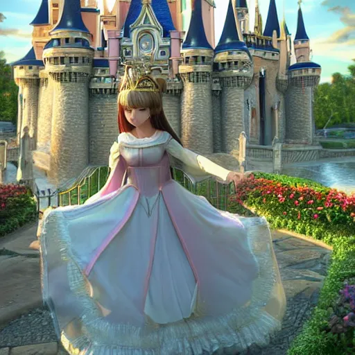 Image similar to a very detailed, ultra-realistic, pleasant, beautiful, funny, smooth 3D CG render, semirealistic anime style, close-up of a gorgeous, cute, gentle, noble priestess magician princess girl wearing dress and jewelry, in a glorious magic kingdom with castle and walls, relaxing calm vibes, fairytale, octane render