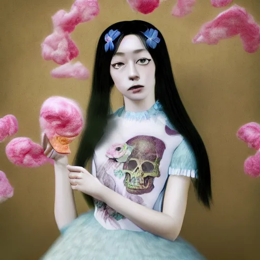 Image similar to 8 k, octane render, realism, tonalism, renaissance, rococo, baroque, cotton candy, portrait of a creepy young lady wearing long - harajuku manga flowers and skulls dress