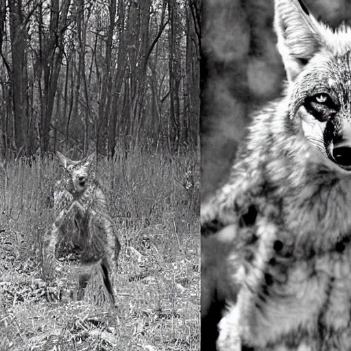 Image similar to black and white trailcam footage of native weird distorted human body Skinwalker transforming into a coyote