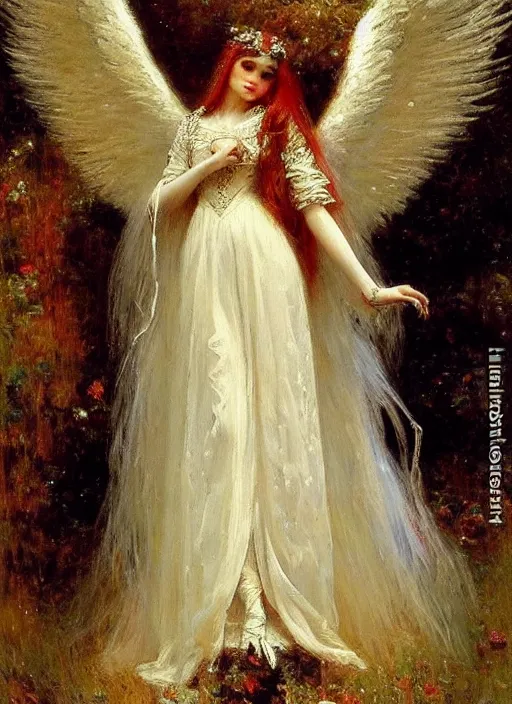 Image similar to vertical prtrait of an angel knight gothic girl, baroque dress. by gaston bussiere