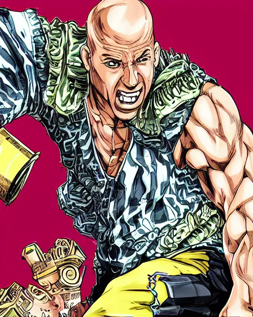 Prompt: Digital color ink drawing of Vin Diesel from JoJo\'s Bizzare Adventure, highly detailed, sharp focus, screentone shading, 1990 manga panel, trending on ArtStation, manga cover art drawn by Hirohiko Araki