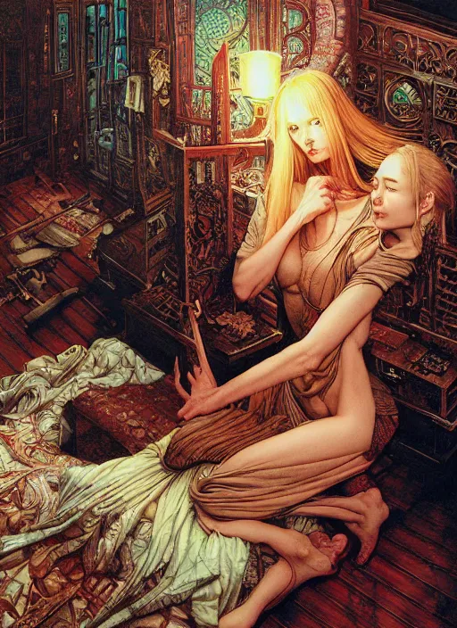 Prompt: realistic detailed image of a girl in an old soviet room with a sinister monster under the bed by Ayami Kojima, Amano, Karol Bak, Greg Hildebrandt, and Mark Brooks, Neo-Gothic, gothic, rich deep colors. Beksinski painting. art by Takato Yamamoto. masterpiece. ultra details, high quality, high resolution .