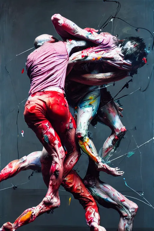 Prompt: bodies entwined in a fight, extremely intricate and detailed, by painted by francis bacon, adrian ghenie, and james jean. 8 k cinematic lighting, hyper realism