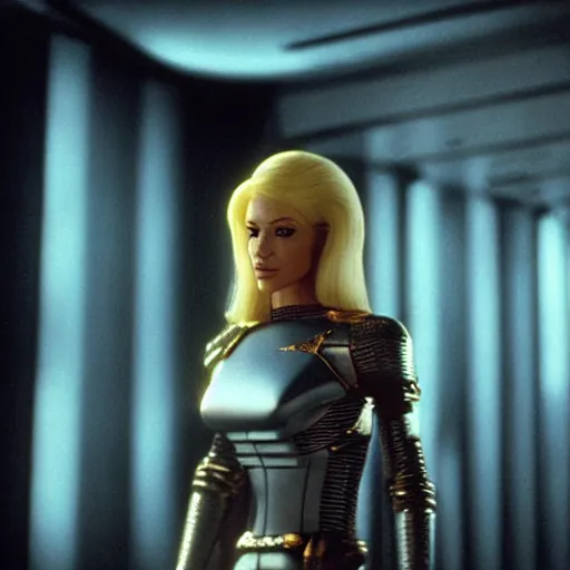 Image similar to very pretty blond borg queen, moody lighting, shallow depth of field, in the style of star trek,