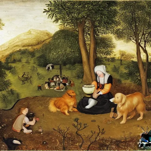 Prompt: bruegel style painting of golden retriever and a black kitty having a tea party in the forest