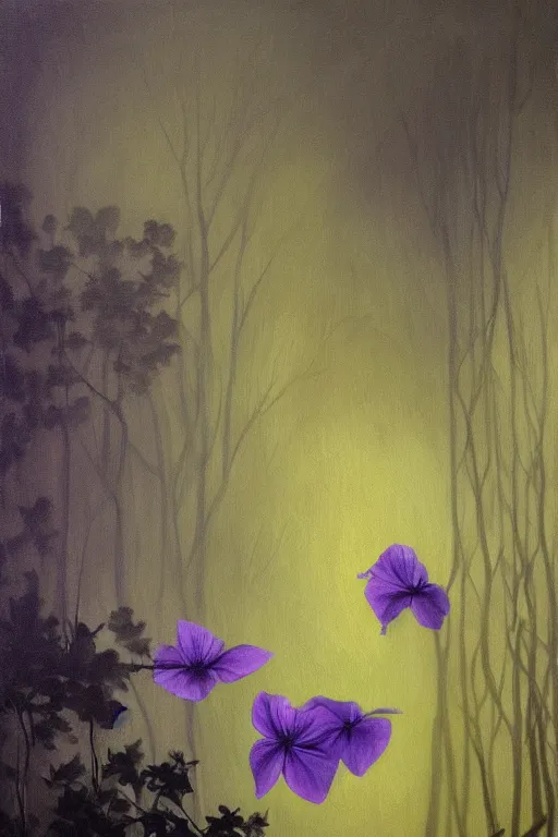 Image similar to moody painting of purple morning glories growing in a forest dimly lit at night. foggy volumetric darkness, muted colour palette oil painting on canvas caravaggio