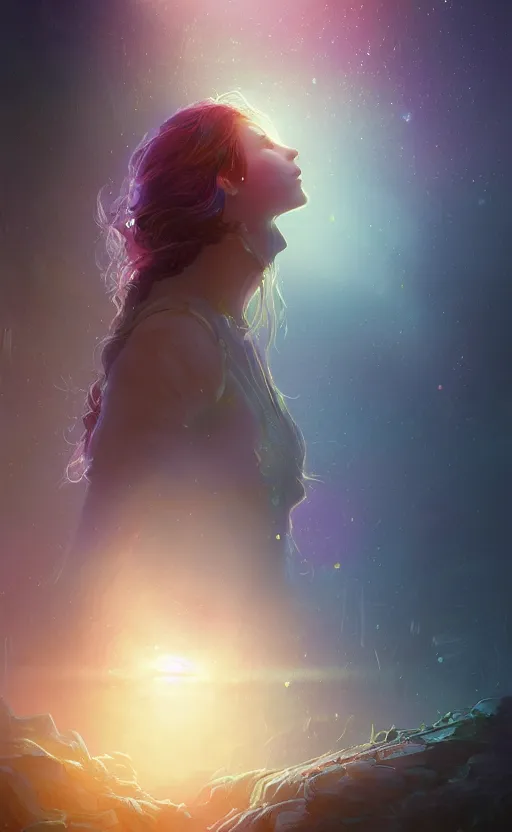 Image similar to the great beyond, sharp focus, intricate, elegant, digital painting, artstation, matte, highly detailed, concept art, illustration, volumetric lighting, gold and blue and pink color scheme, bokeh light, art by greg olsen and liz lemon swindle