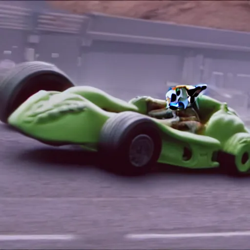 Image similar to film still of yoda racing in his race car in the new star wars movie 4 k