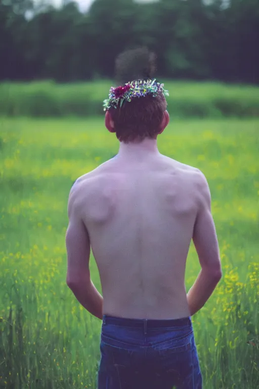 Image similar to agfa vista 4 0 0 photograph of a skinny guy getting abducted by aliens in a field, lens flare, flower crown, back view, moody lighting, moody vibe, telephoto, 9 0 s vibe, grain, vintage, tranquil, calm, faded