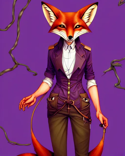 Prompt: don bluth, loish, artgerm, joshua middleton, steampunk, clockpunk anthropomorphic fox girl, purple vest, smiling, symmetrical eyes symmetrical face, colorful animation forest background