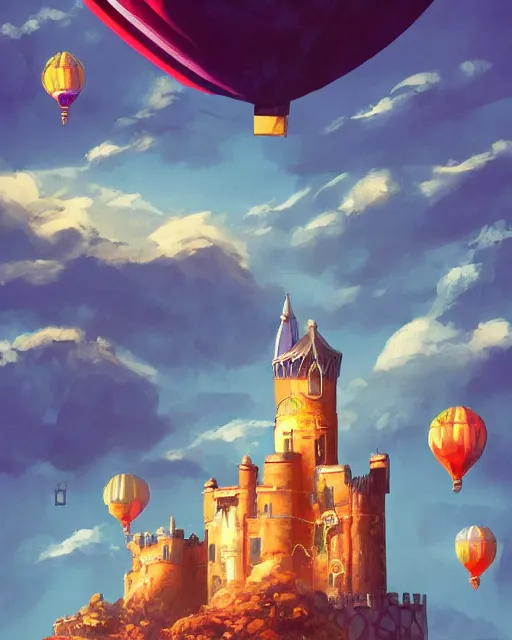 Prompt: flying cloud castle, buildings, baloons, machines, bright, blue sky, mountains, colorful, cinematic lighting, fantasy, high detail, illustration, masterpiece, artstation, 4 k, art by wylie beckert