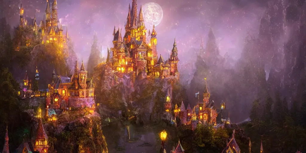 Image similar to a glittering fairy castle at night, extremely detailed oil painting, unreal 5 render, fantasy digital art, octane render, beautiful composition, trending on artstation, award-winning photograph, masterpiece