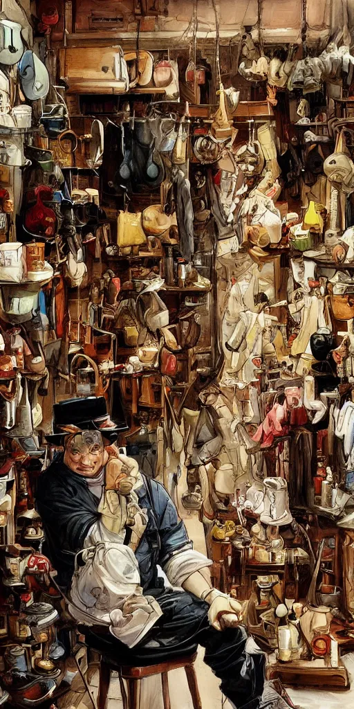 Image similar to oil painting scene from shoemaker's shop by kim jung gi