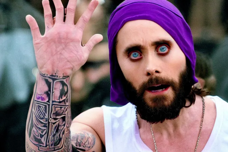 Prompt: medium full shot of jared leto as a white gang member wearing a purple head covering made from a polyester or nylon material and a white tank top sliding on a opp in the new movie directed by ice cube, movie still frame, arms covered in gang tattoo, promotional image, critically condemned, top 1 5 worst movie ever imdb list, public condemned, relentlessly detailed